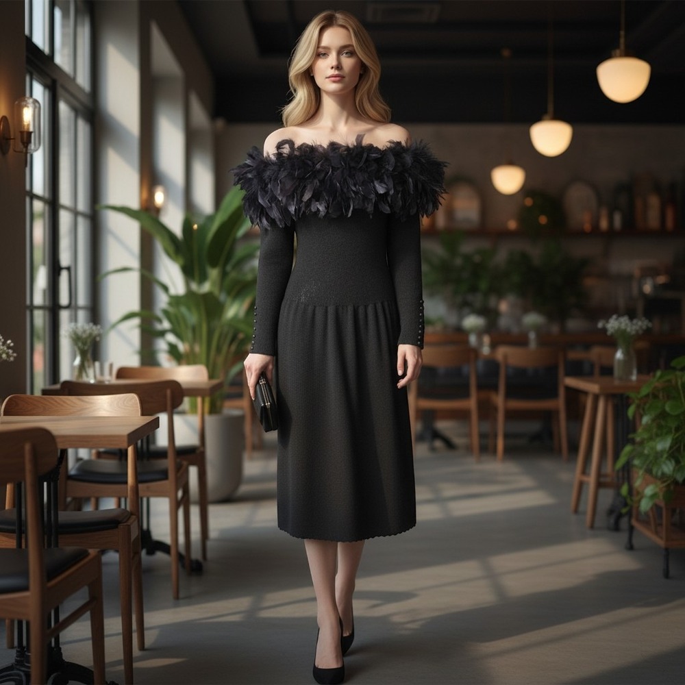 Vtg 80s Don Sayers Wellmore Black Sweater Dress Voluminous Feather Neckline 10
